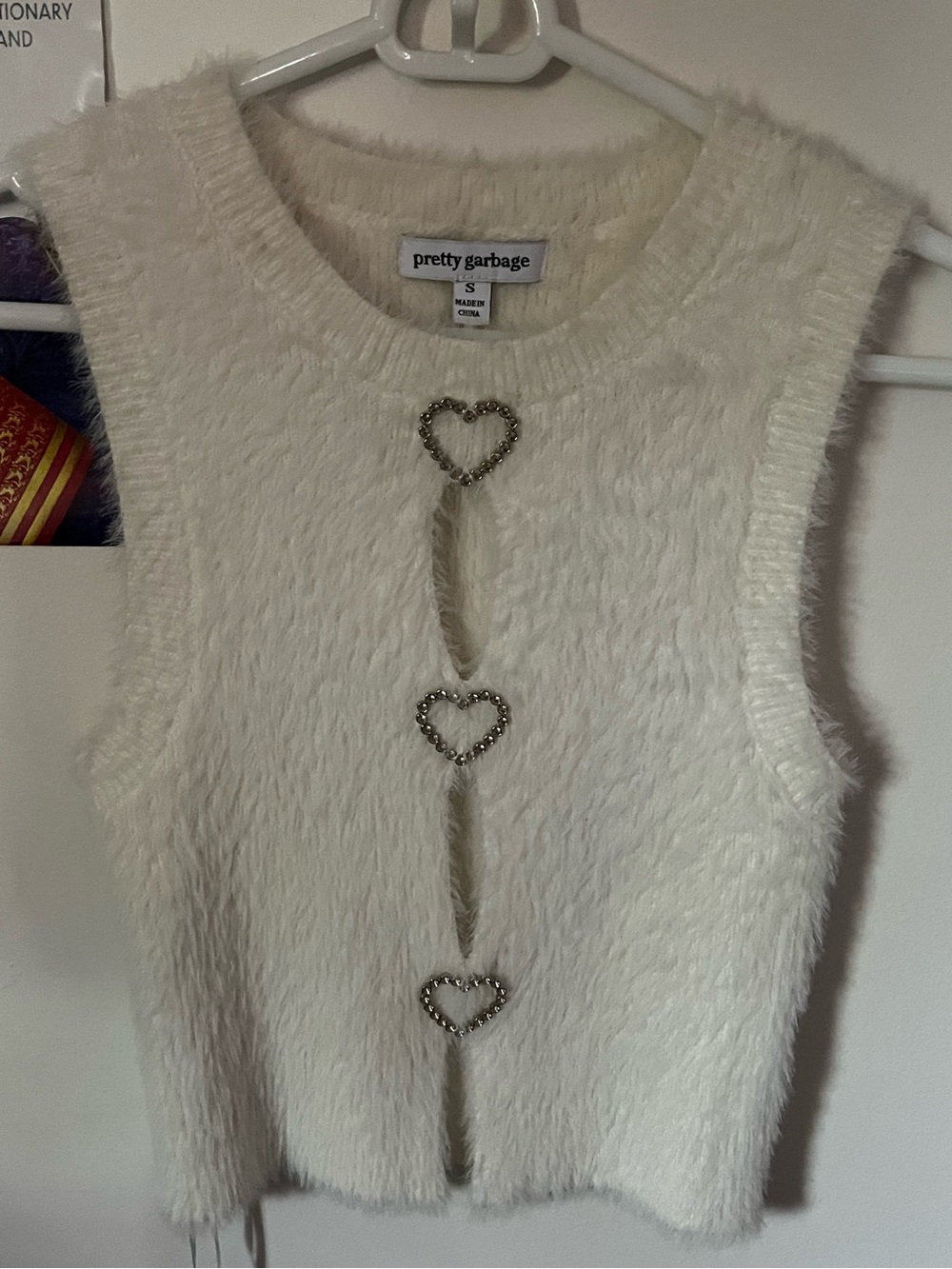 Pretty Garbage Cream Fuzzy Heart-Button Tank